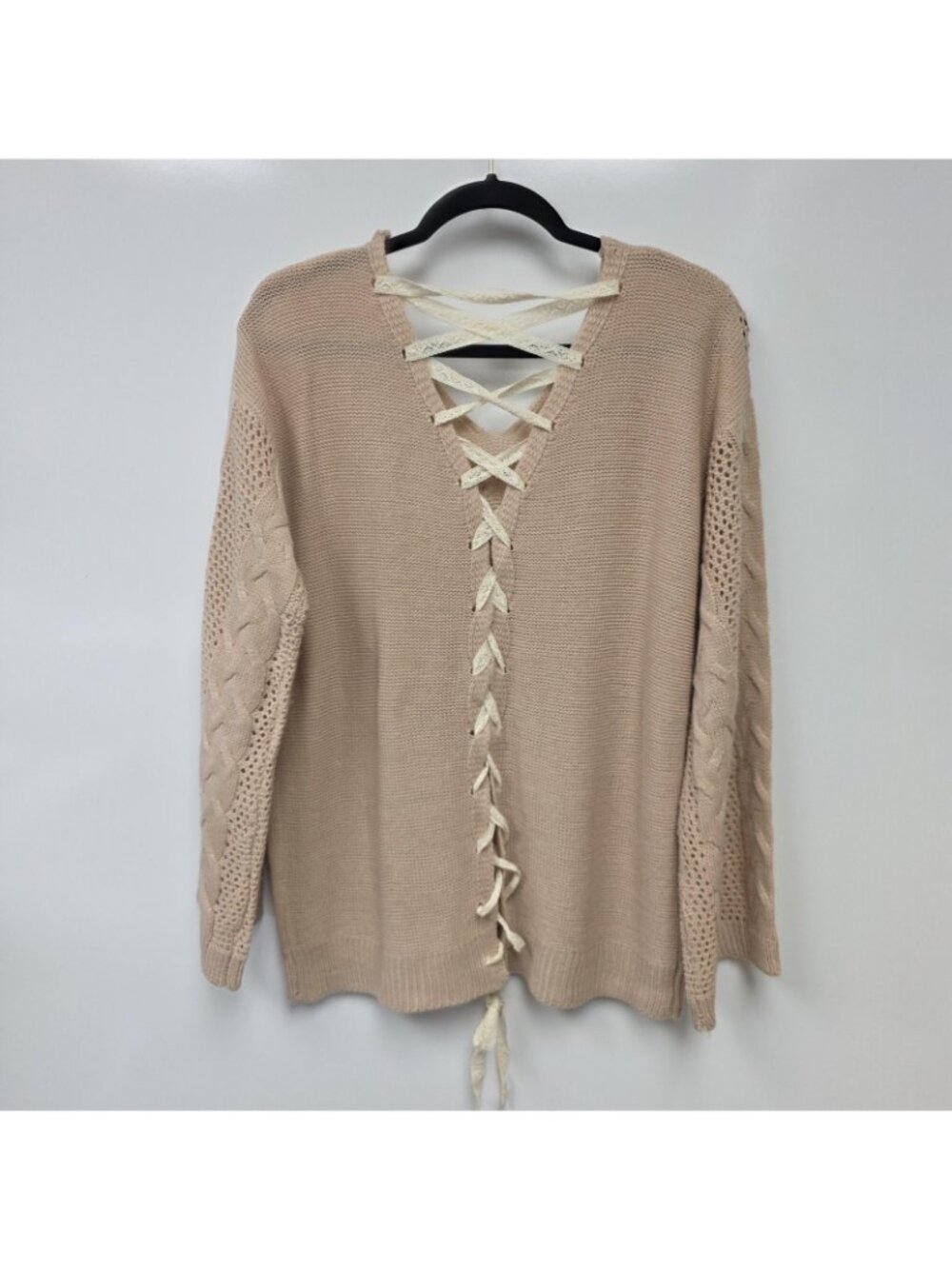 Kori America Sweater Womens M/L Beige Cable Knit V Neck Lace Up Back Pullover - Picture 4 of 9